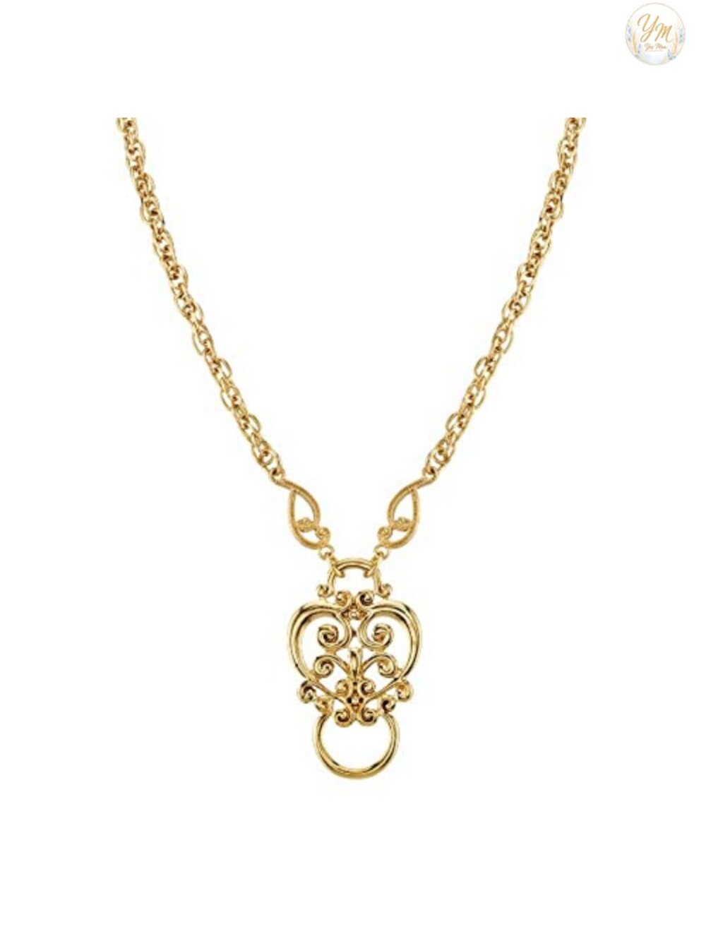 1928 Gold Tone Heart Badge Eyeglass Holder Pendant Necklace 28